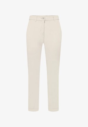 Pantaloni beige slim fit con chiusura frontale con bottone e zip, passanti per cintura e gambe dritte lunghe 7/8.
