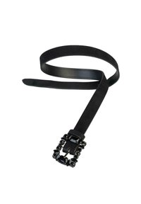 Zwarte suède riem met een brede ontwerp. Voorzien van een juweelvormige rechthoekige gesp met zwarte accenten. Soepele textuur en meerdere verstelgaten.