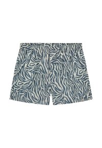 Shorts cu model de zebra în nuanțe de albastru și bej, realizate dintr-un material ușor, cu un tren elastic și croială lejeră.