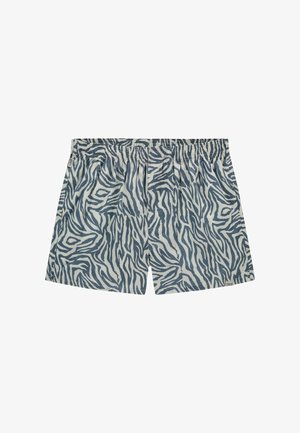 Shorts cu model de zebra în nuanțe de albastru și bej, realizate dintr-un material ușor, cu un tren elastic și croială lejeră.