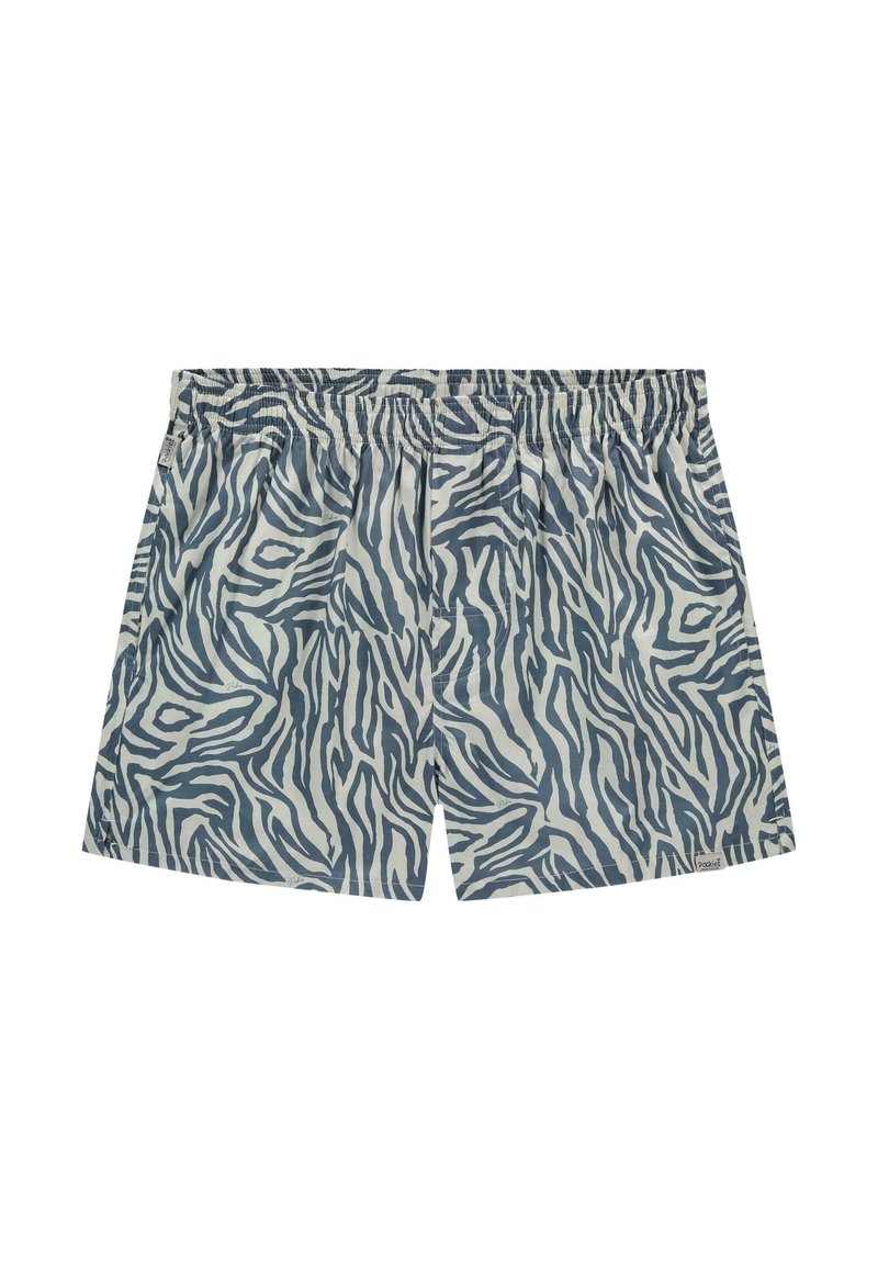 Shorts cu model de zebra în nuanțe de albastru și bej, realizate dintr-un material ușor, cu un tren elastic și croială lejeră.