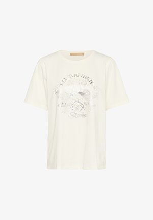 Fehér pamut póló, ezüst grafikai nyomattal, madarakkal és a "TÚL MAGASRA REPÜLNI" felirattal, laza szabással és rövid ujjakkal.