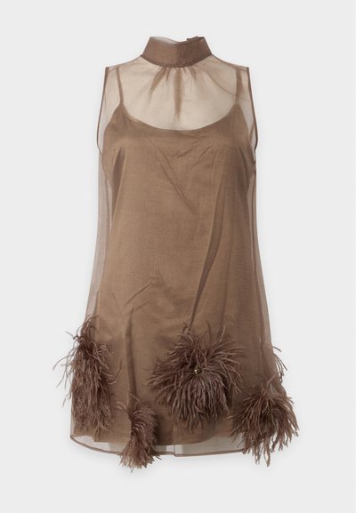 Robe marron transparente sans manches avec col haut et ornements en plumes près de l'ourlet sur un fond clair uni.