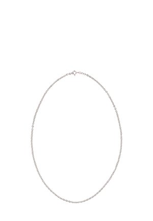 Ezüst lánc nyaklánc, amely finom, összekapcsolt dizájnnal rendelkezik, biztos záródással és sima, fényes felülettel. Könnyű és minimalista stílus.