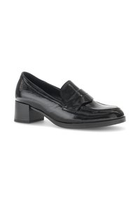 Black leather loafers with a high gloss finish, square toe, and a contrasting strap detail, set on a medium block heel.