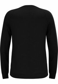 Black long-sleeve shirt with a crew neck, smooth texture, and visible stitching details along the shoulders and seams.