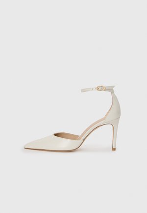 White leather high-heeled shoe with a pointed toe, ankle strap, and a slim stiletto heel. Smooth texture with subtle glossy finish.