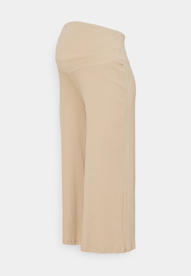 Beige vida byxor med ribbat mönster, med en hög, stretchig midja. Slätt tyg med en avslappnad passform och golvlång design.