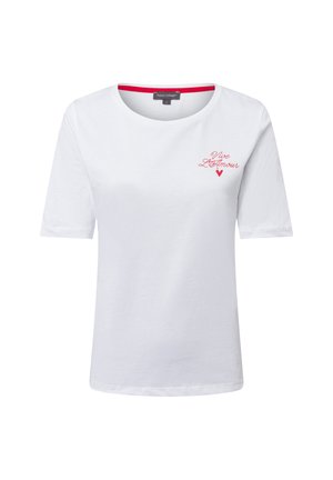 Weißes Baumwoll-T-Shirt mit kurzen Ärmeln, rundem Ausschnitt und roten "Vive L'Amour"-Schriftzug sowie Herzdetail auf der Vorderseite. Weiche Textur.