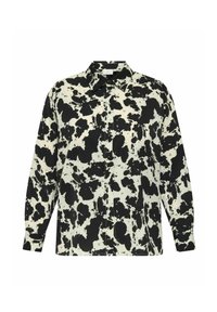 Sorte og hvide mønstrede skjorte med knaplukning, der har et ko-print design, lange ærmer, spidse kraver og en afslappet pasform.