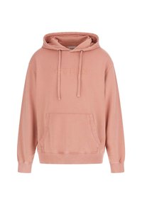 Sudadera de algodón rosa claro con un bolsillo tipo canguro, capucha con cordón y el logotipo bordado "GUESS" en el pecho. Cuenta con puños y dobladillo acanalados.