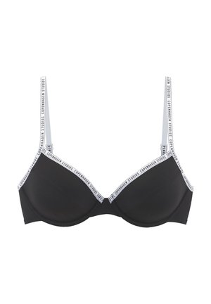 Schwarzer BH mit gepolsterten Cups, verstellbaren Trägern und einem weiß bedruckten Logo-Besatz. Glattes Material mit nahtlosem Design für optimalen Tragekomfort.