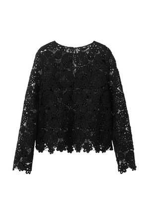 Zwarte lange mouwen kanten top met bloemmotieven in haakwerk, getailleerde zoom en manchetten, ronde halslijn en semi-transparant ontwerp.