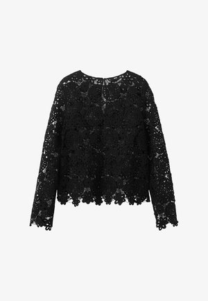 Zwarte lange mouwen kanten top met bloemmotieven in haakwerk, getailleerde zoom en manchetten, ronde halslijn en semi-transparant ontwerp.