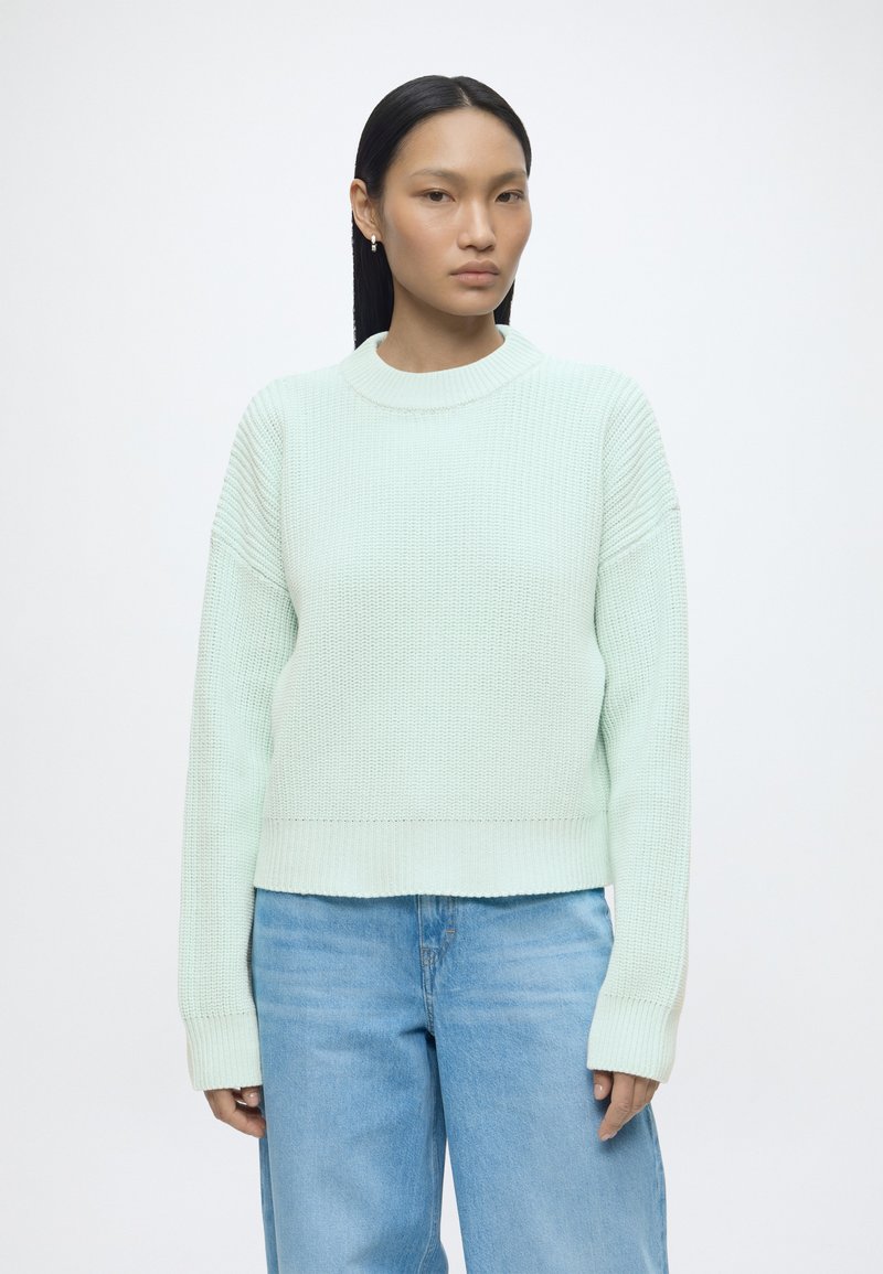 Femme aux cheveux noirs et lisses portant un pull en maille vert menthe clair et un jean bleu clair, debout devant un fond blanc uni.