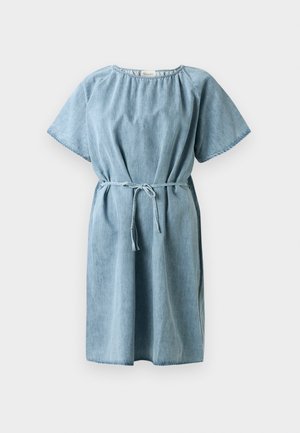 Light blue denim dress with short sleeves, gathered neckline, and a tie belt at the waist. Features a relaxed fit and knee-length hem.