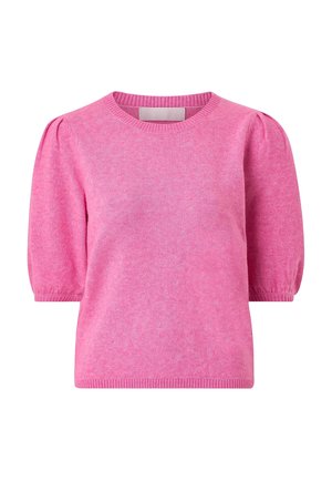 Roze korte mouwen trui met opgeblazen mouwen, ronde hals, geribbelde boorden en zoom, afgebeeld op een witte achtergrond.