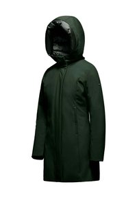Cappotto con cappuccio verde scuro, dalla finitura liscia e texturizzata. Dotato di chiusura con zip, due tasche laterali e un colletto alto per maggiore calore.