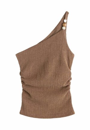 Brown one-shoulder textured top with ruched sides and wooden bead accents on the strap.