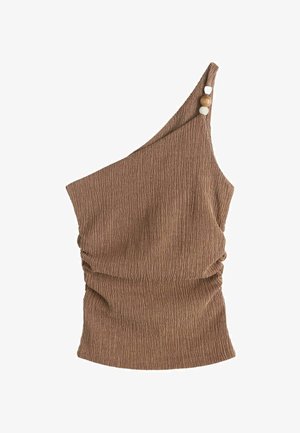 Brown one-shoulder textured top with ruched sides and wooden bead accents on the strap.