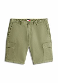 Bermudas de color verde oliva claro, hechas de un tejido duradero. Cuentan con dos bolsillos frontales y dos bolsillos laterales tipo cargo, con cierre de botón y trabillas para cinturón.
