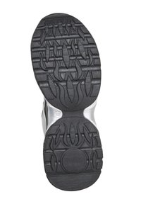 Semelle de chaussure en caoutchouc noir avec des motifs de bande de roulement en forme de flammes et un logo circulaire près du talon, taille 38 indiquée sur le côté.