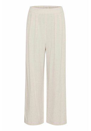 Helle beige weite Hosen aus einem strukturierten Stoff, mit Falten an der Vorderseite und einem elastischen Bund für eine bequeme Passform.