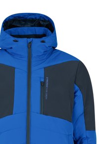 Modrá a tmavě šedá zateplená bunda s vysokým límcem a odnímatelnou kapucí; obsahuje přední zip a logo na hrudi.