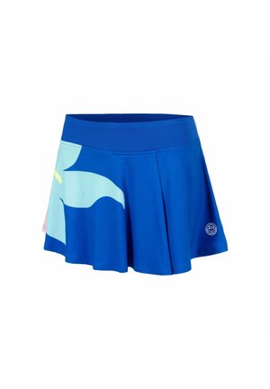 Blauer Sportrock mit breitem Bund und großem hellblau-rosa abstraktem Blumendesign auf der linken Seite.