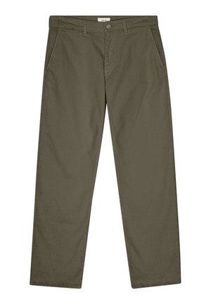 Pantalons en coton vert olive foncé avec une coupe droite, passants de ceinture, poches avant et fermeture à un seul bouton.