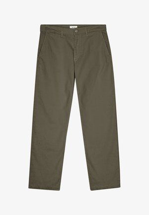 Donkergroene katoenen broeken met een recht design, riemlussen, voorzakken en een enkele knoopsluiting.