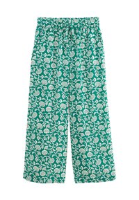 Pantalons larges imprimés floraux en tissu teal avec un motif blanc. Dotés d'une taille élastique et d'une coupe ample. Texture douce.