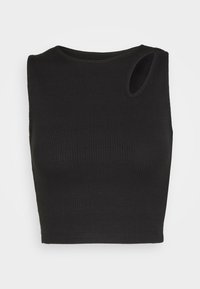 Czarny prążkowany crop top z okrągłym dekoltem i małym wycięciem z boku. Materiał mieszany bawełniany, dopasowany krój i bezszwowy dół.