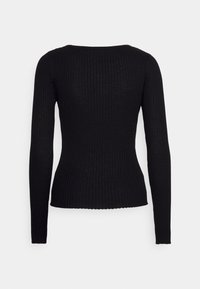 Haut noir à manches longues côtelé avec un col rond, une silhouette ajustée et un ourlet légèrement festonné. La texture est lisse et extensible.