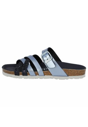 Blue and black slide sandal with three broad straps, one featuring glitter, cork footbed, and textured rubber sole. Adjustable metal buckle detail.