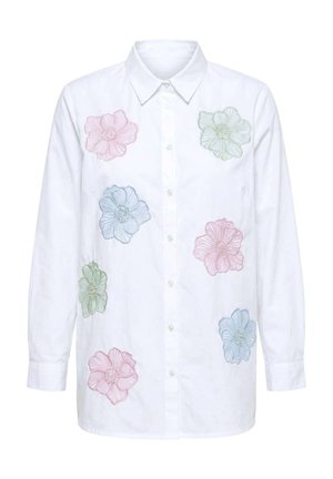 White long-sleeve button-up shirt with collar featuring embroidered large pastel flowers in pink, green, and blue on the front.