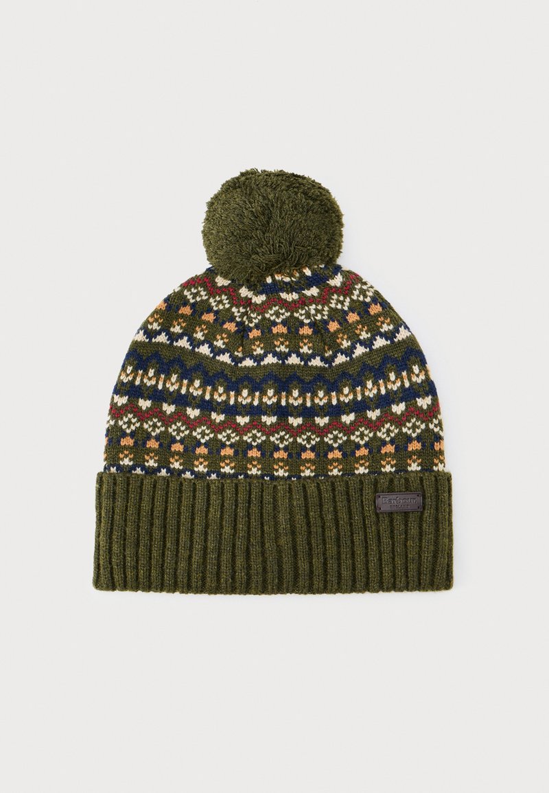 Knitted beanie in dark green with a colorful geometric pattern, featuring a ribbed cuff and a fluffy pom-pom on top.