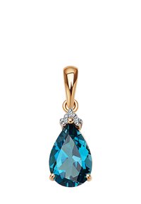 Wisiorek w kształcie kropli z dużym niebieskim kamieniem szlachetnym o fasetowanej powierzchni, osadzony w złocie, z grupą małych diamentów u góry.