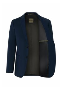 Marineblauer Blazer mit schlankem Design, ausgestattet mit zwei Knöpfen, Schlitzen am Revers und einem glatten, dunklen Innenfutter. Enthält eine Innentasche.