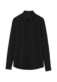 Black long-sleeve shirt, made of textured fabric with subtle glitter accents, features a classic collar and button-down front.