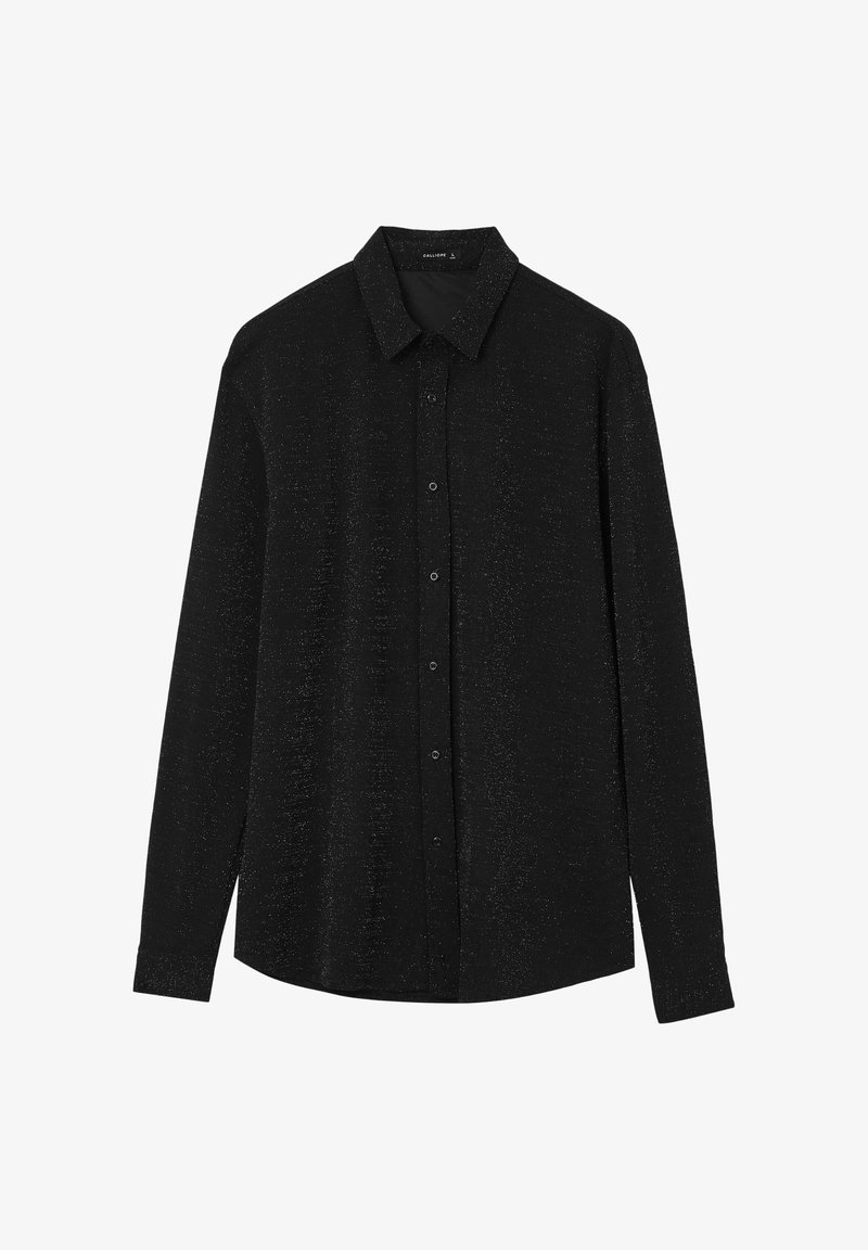 Black long-sleeve shirt, made of textured fabric with subtle glitter accents, features a classic collar and button-down front.