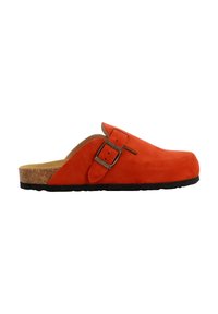 Orange suede clog with a cork midsole and black rubber outsole, featuring a side strap with a metal buckle and a rounded toe design.