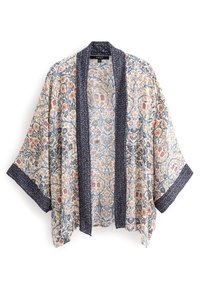 Kimono w kwiatowy wzór, wykonane z lekkiego, miękkiego materiału. Posiada granatowe lamówki oraz kontrastowe kolory brzoskwiniowy, niebieski i kremowy w projekcie.