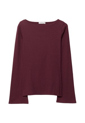 Burgunderfarbenes Langarmshirt aus weichem Stoff, mit weitem, rundem Ausschnitt und leicht geschwungenem Saum für eine entspannte Passform.