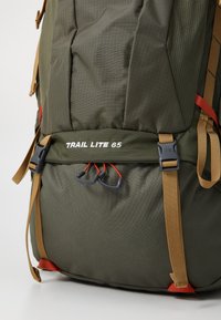 Green nylon backpack with a mesh panel, adjustable straps, orange accents, and a logo reading "TRAIL LITE 65" on the front pocket.