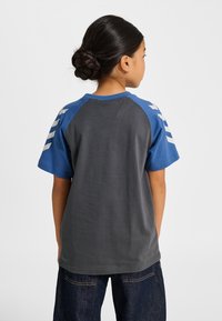 Grå och blå t-shirt med korta ärmar, med blå raglanärmar och vita ränder på axlarna; slät textur och avslappnad design.