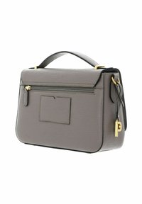 Gray textured synthetic handbag with gold hardware, zip closure, top handle, and an attached keychain accent. Features a rear pocket.