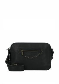 Borsa a tracolla in pelle nera con una finitura testurizzata, dotata di una tasca anteriore con zip decorata con borchie tonde e una tracolla regolabile.
