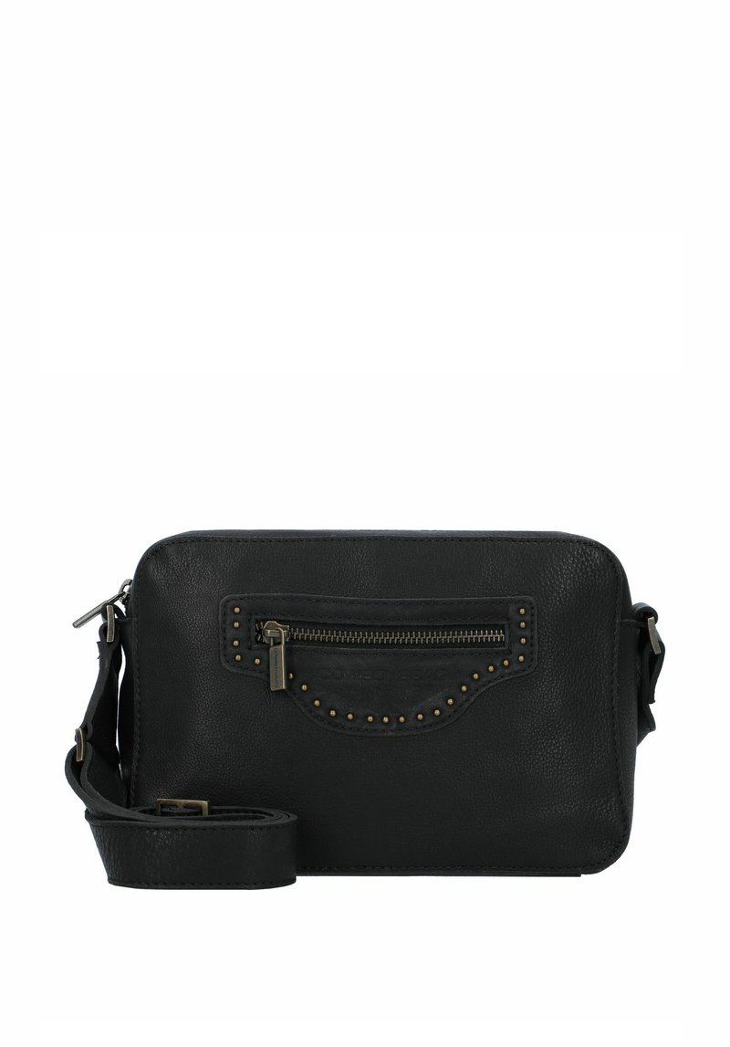 Borsa a tracolla in pelle nera con una finitura testurizzata, dotata di una tasca anteriore con zip decorata con borchie tonde e una tracolla regolabile.