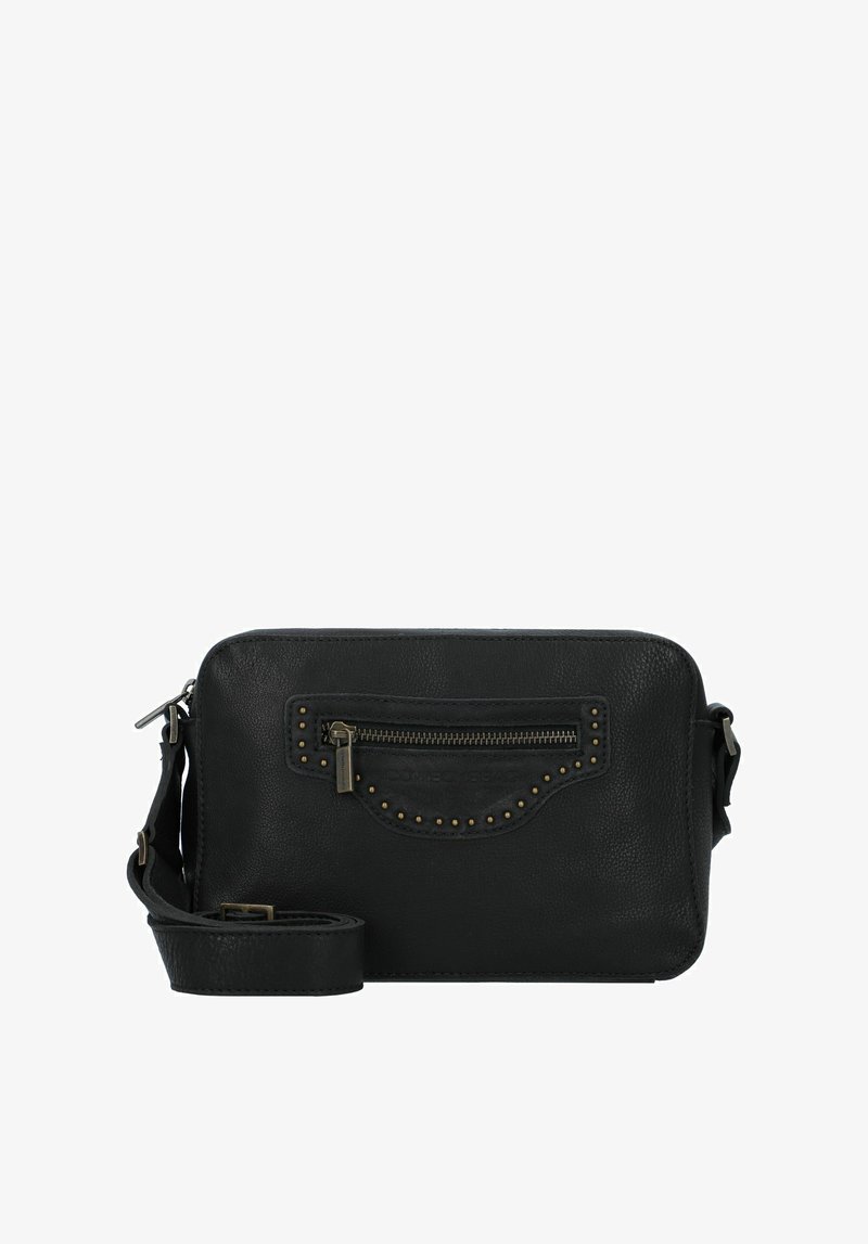 Borsa a tracolla in pelle nera con una finitura testurizzata, dotata di una tasca anteriore con zip decorata con borchie tonde e una tracolla regolabile.